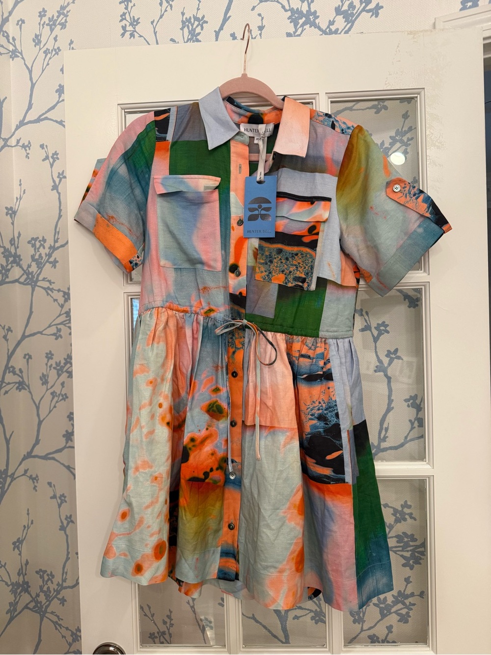Hunter Bell NWT Multicolor Button-Front Shirt Dress with Orange & Green Accents